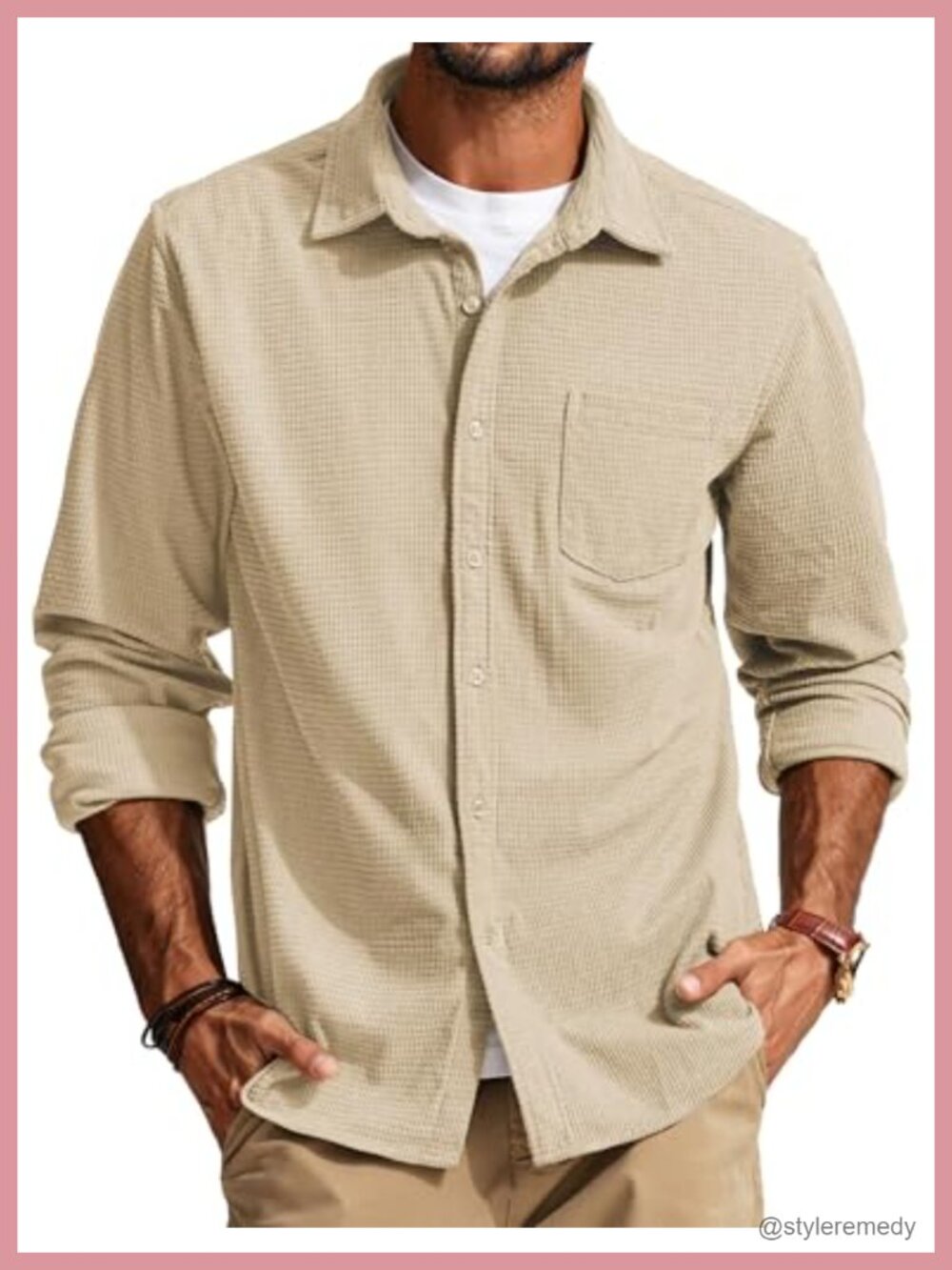 Men's Waffle Texture Button Down Shirt Long Sleeve Casual Work